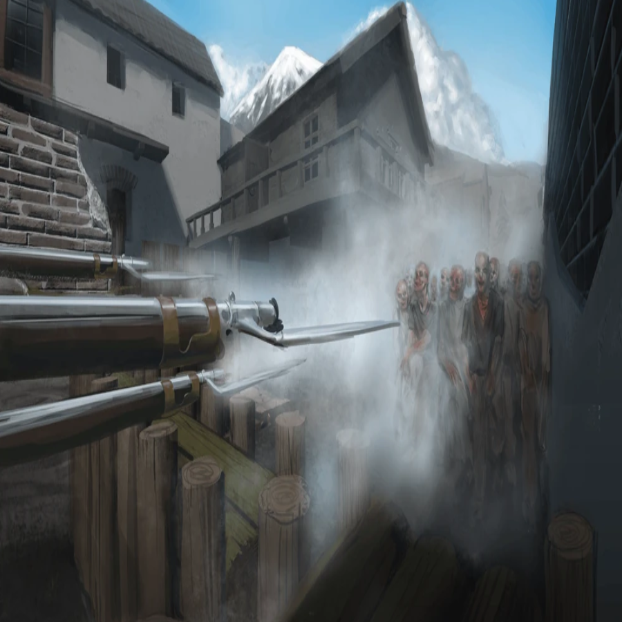 In a small town, muskets are pointed at an incoming horde of zombies. "Guts & Blackpowder." Fuze Studios, 2021.