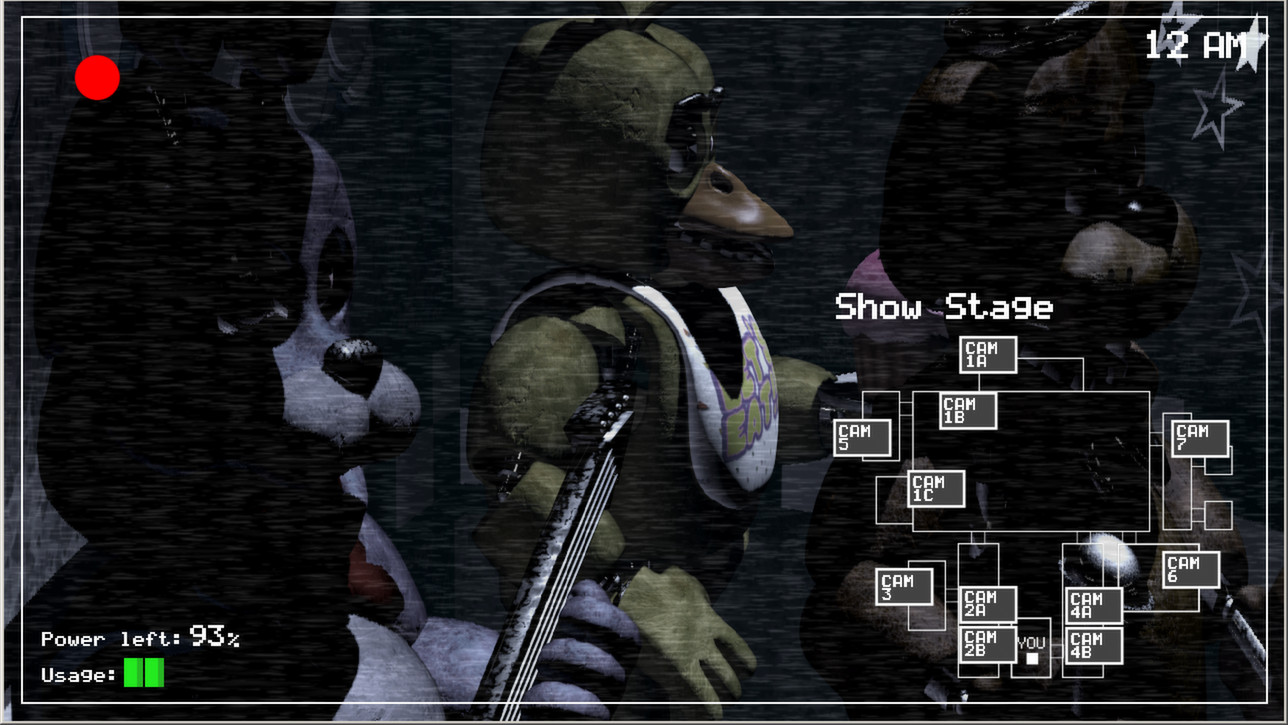 Screenshot from “FNAF 1” of starting screen in the security cameras of the mascot show stage. 