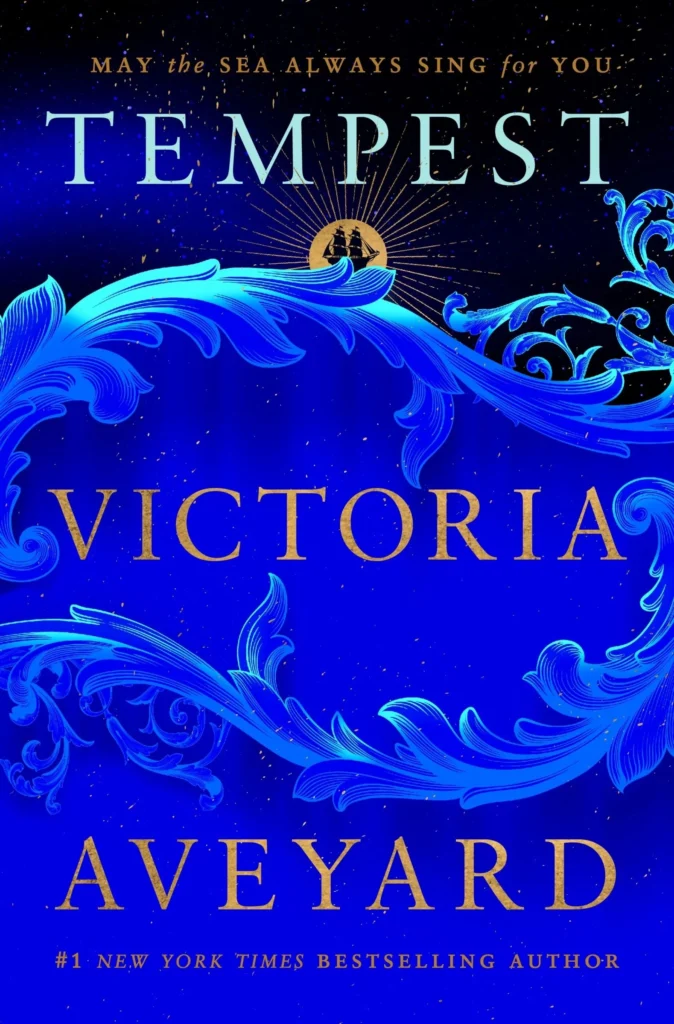 The cover of the book Tempest, which features a blue floral design in the shape of a wave with a ship at its top. A sun-shape is behind it.
