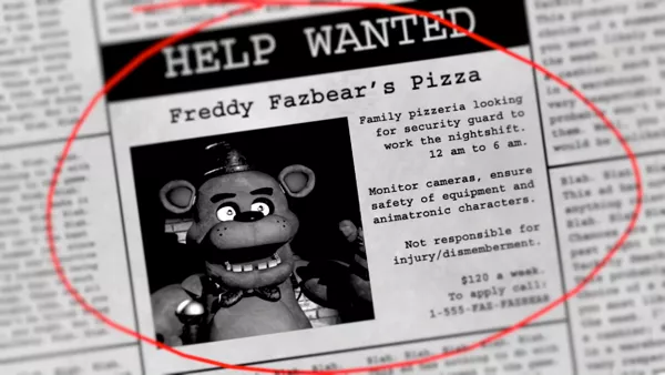 Screenshot from “FNAF 1” of news clipping lore fragment. 