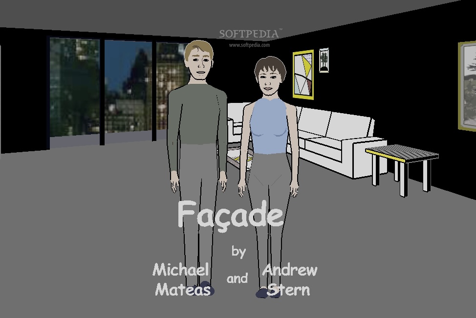 Intro scene to “Façade” game. Shows Grace and Trip staring at the player in their solemn apartment. Their facade is on full display with their grim smiles.