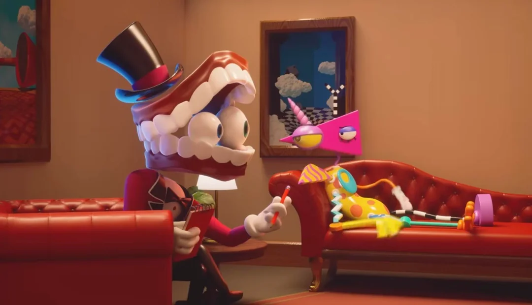 Caine does therapy with Zooble. "The Mystery of mildenhall manor." The Amazing Digital Circus. Episode 3, Glitch Productions, 4 October 2024, YouTube.