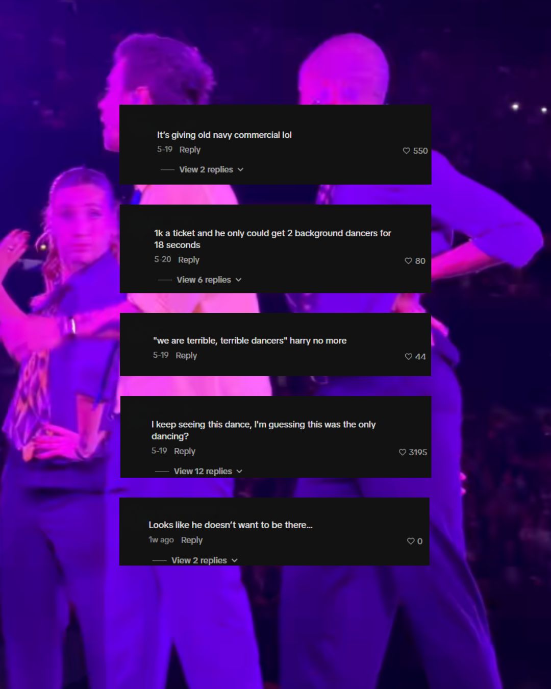 Tiktok comment sections discussing how short clips from Harry Styles' appears.