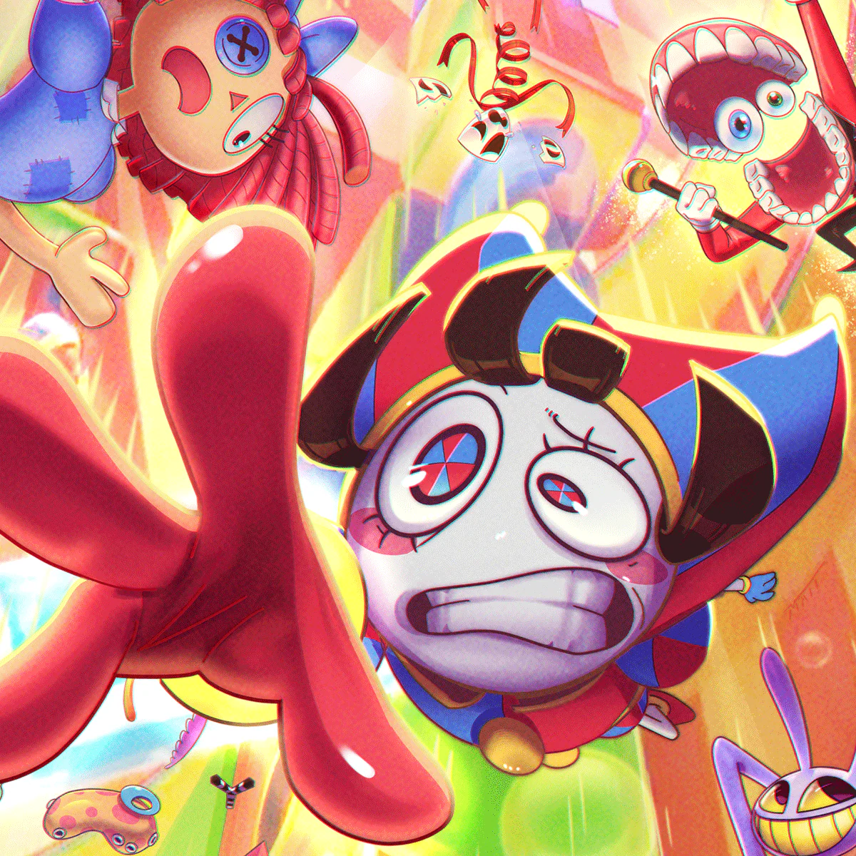 Pomni and the other circus fmembers are falling, Pomni is reaching out. Gooseworx. The Amazing Digital Circus. Glitch Productions. 2023-2026.