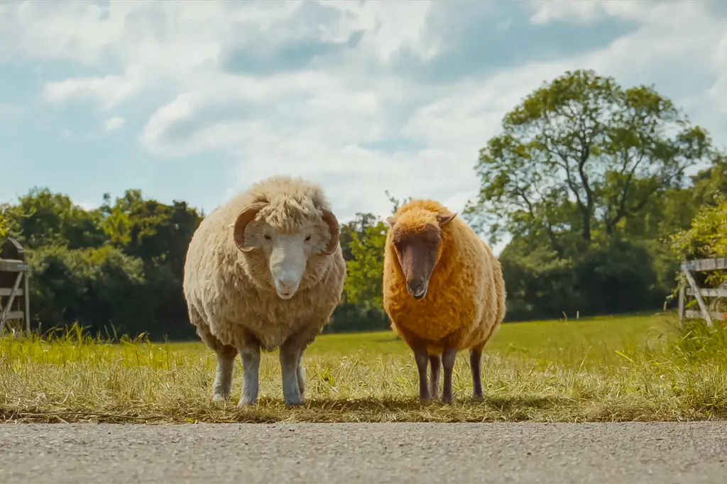 Mopple and Lily from The Sheep Detectives standing at the edge of their meadow, staring down at the paved road.