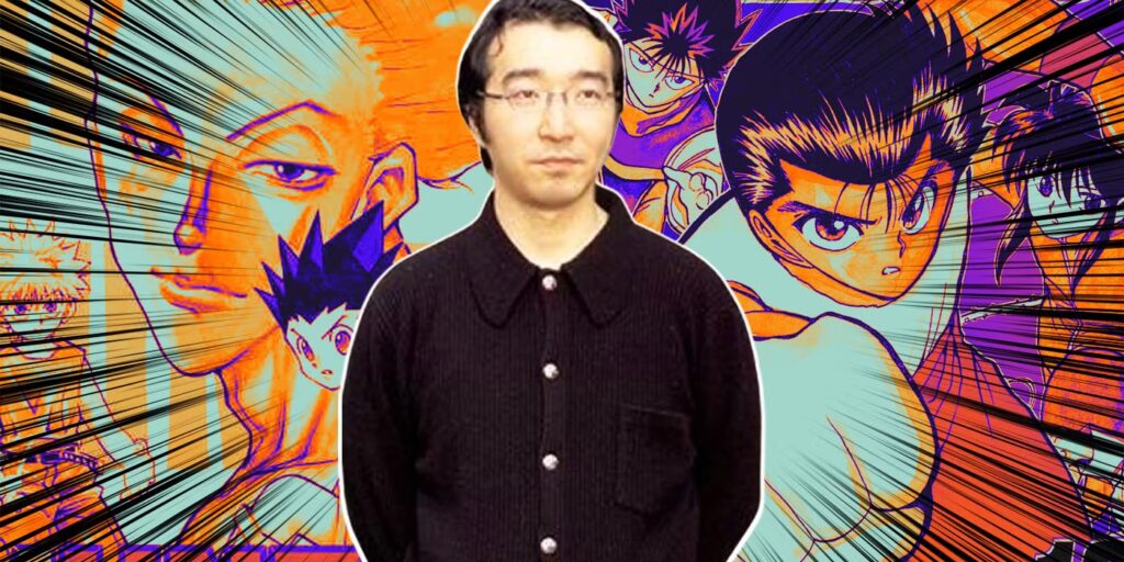 Yoshihiro Togashi, along with a few of his characters.