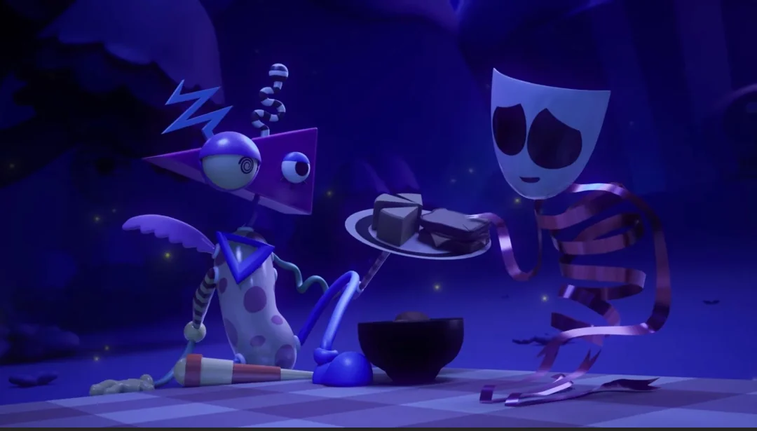 Zooble shares a sandwich with Gangle. "They All get guns." The Amazing Digital Circus. Episode 6, Glitch Productions, 11 December 2025, YouTube.