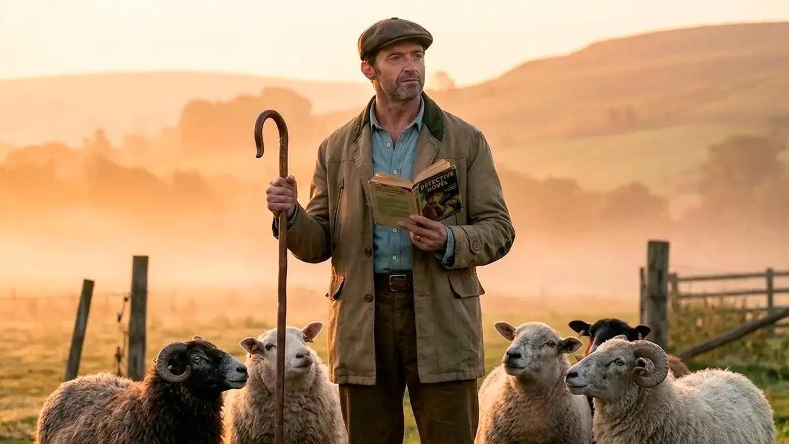 Shepherd George from The Sheep Detectives standing with five sheep from his flock. He is holding a mystery novel.