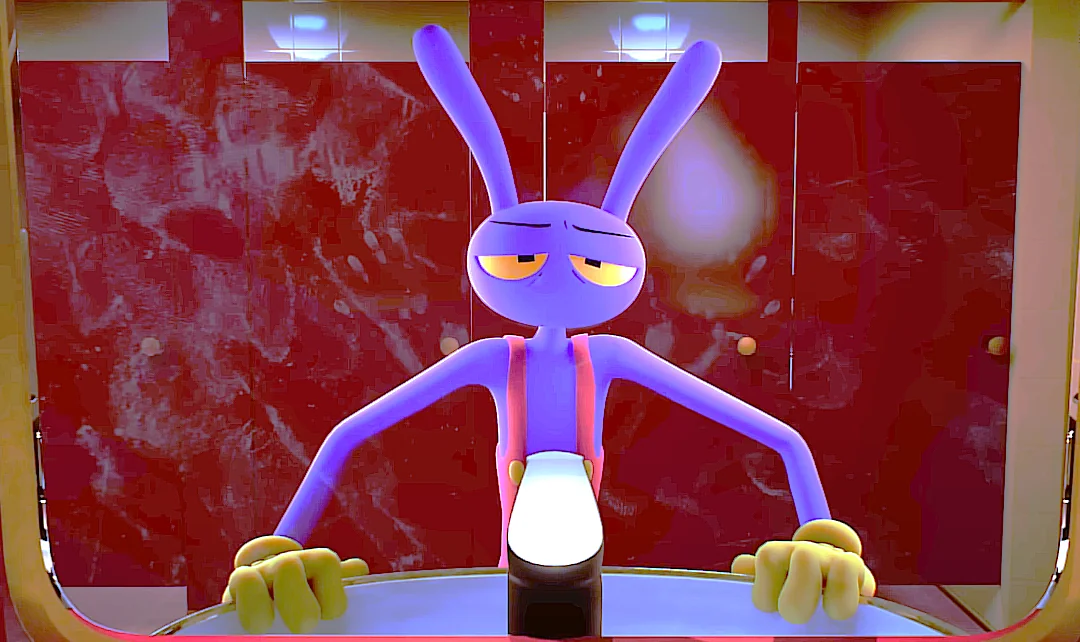 Jax looks in a dirty bathroom mirror exhausted. "They All get guns." The Amazing Digital Circus. Episode 6, Glitch Productions, 11 December 2025, YouTube.