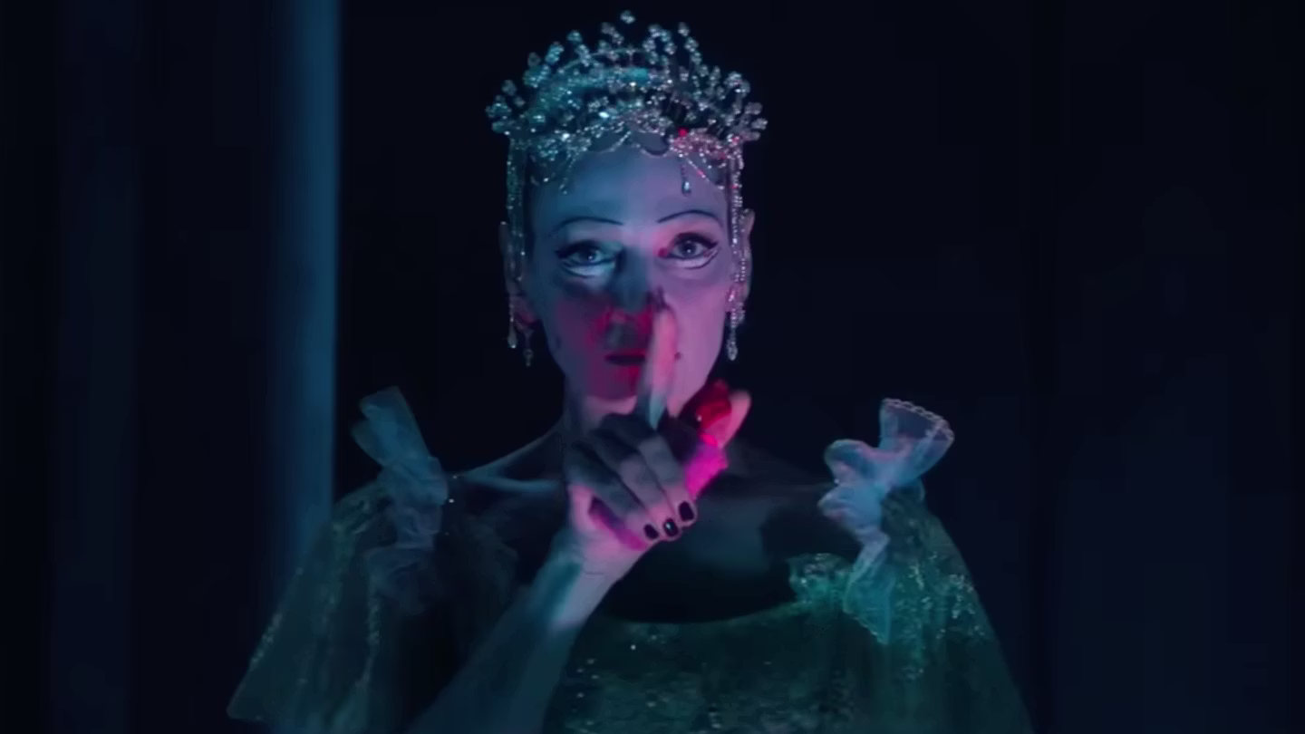 Uma Thurman as Devora Kasimer in Pretty Lethal. Image is a close up of her in her elaborate ballerina costume.
