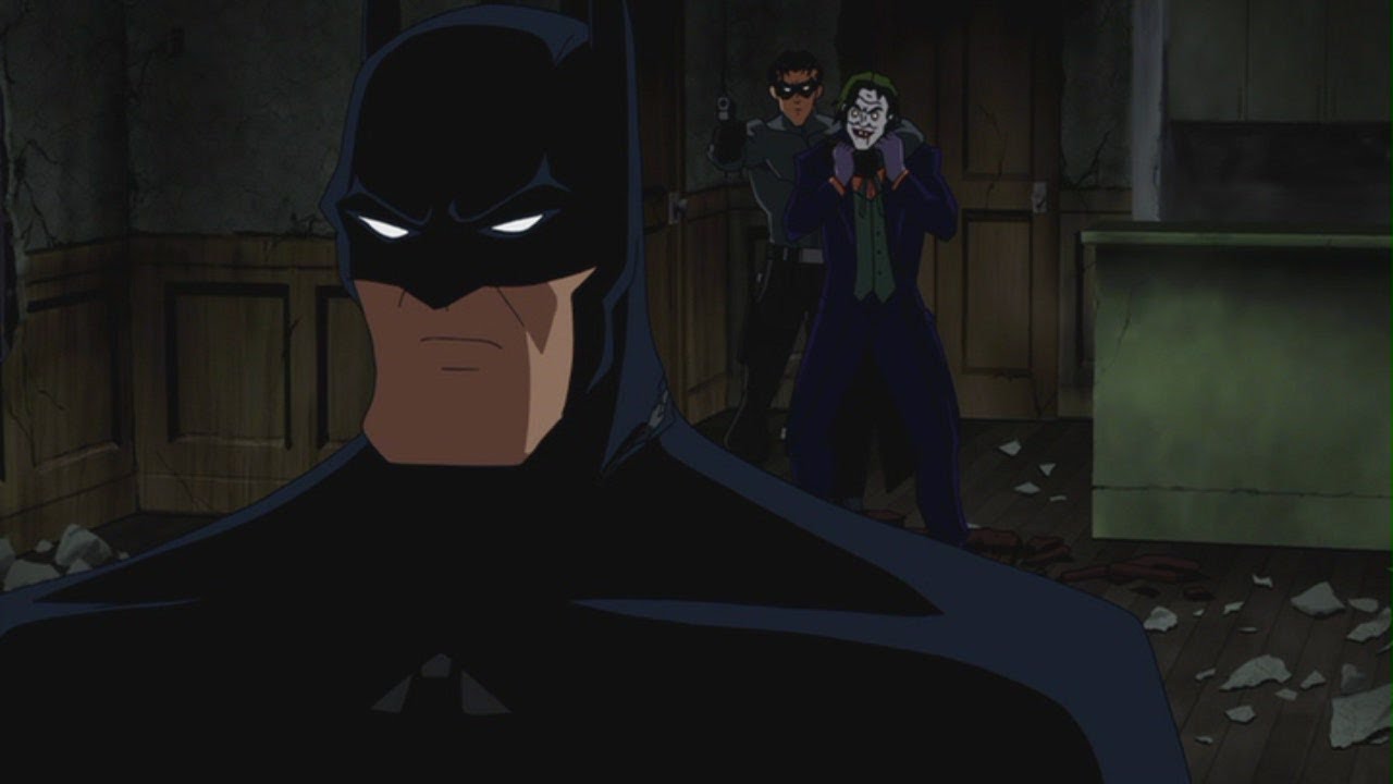 Red Hood tries to force Batman to choose between letting the Joker die and killing Jason. Vietti, Brandon, dir. Batman: Under the Red Hood. DC Entertainment; Warner Bros. Animation; Warner Premiere, 2010.