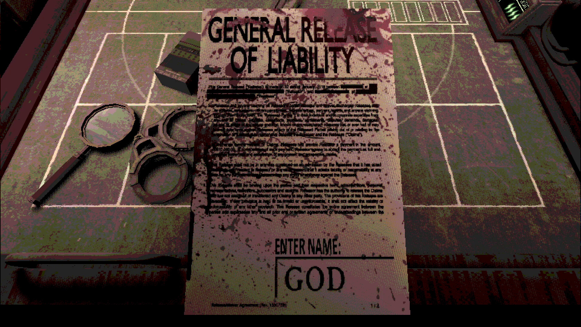 “Buckshot Roulette” in-game contract the player must sign to play. 