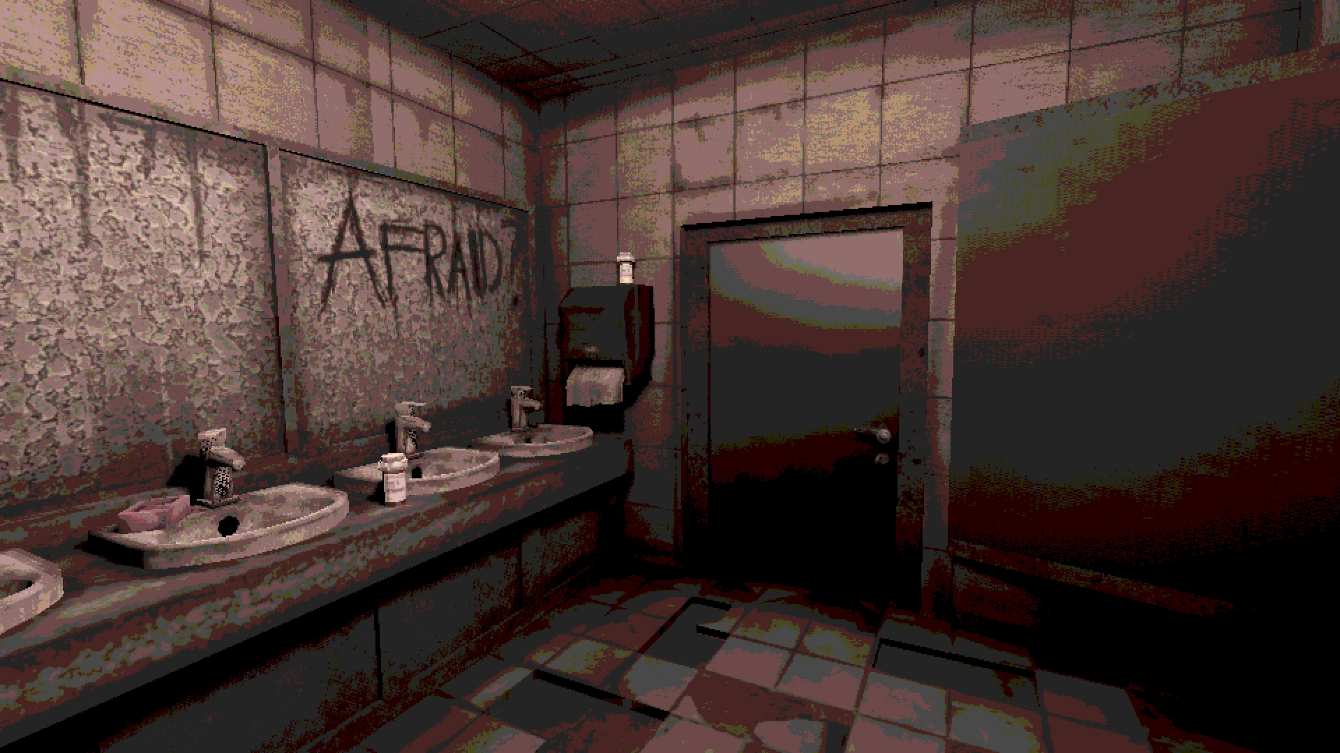 One of the first shots we see in “Buckshot Roulette” where the player awakes alone in a dirty bathroom in an illegal club. 