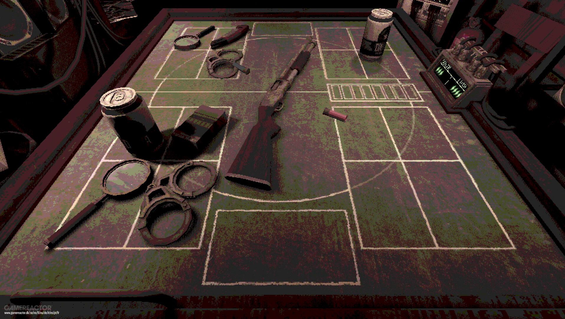 Screenshot of the player’s board in “Buckshot Roulette”. 