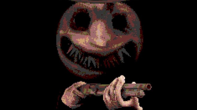 Promotional image of the “Dealer” holding his gun in “Buckshot Roulette”. 