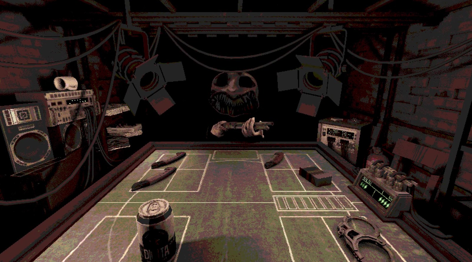 A screenshot of the game board in “Buckshot Roulette”. 