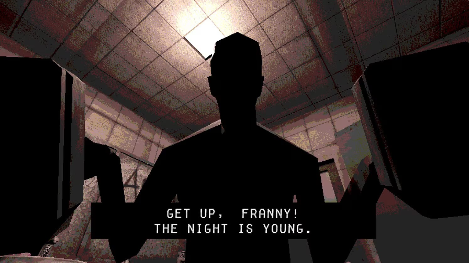 A cutscene shown after a death in “Buckshot Roulette,” showing the player be revived by a faceless ally.