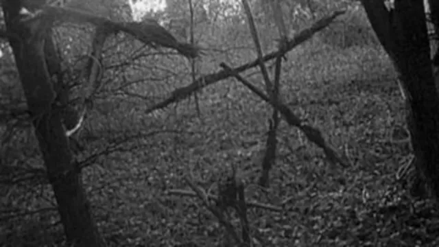 Ominous stick figures hanging in the woods, as seen in The Blair Witch Project. Horror. Supernatural.