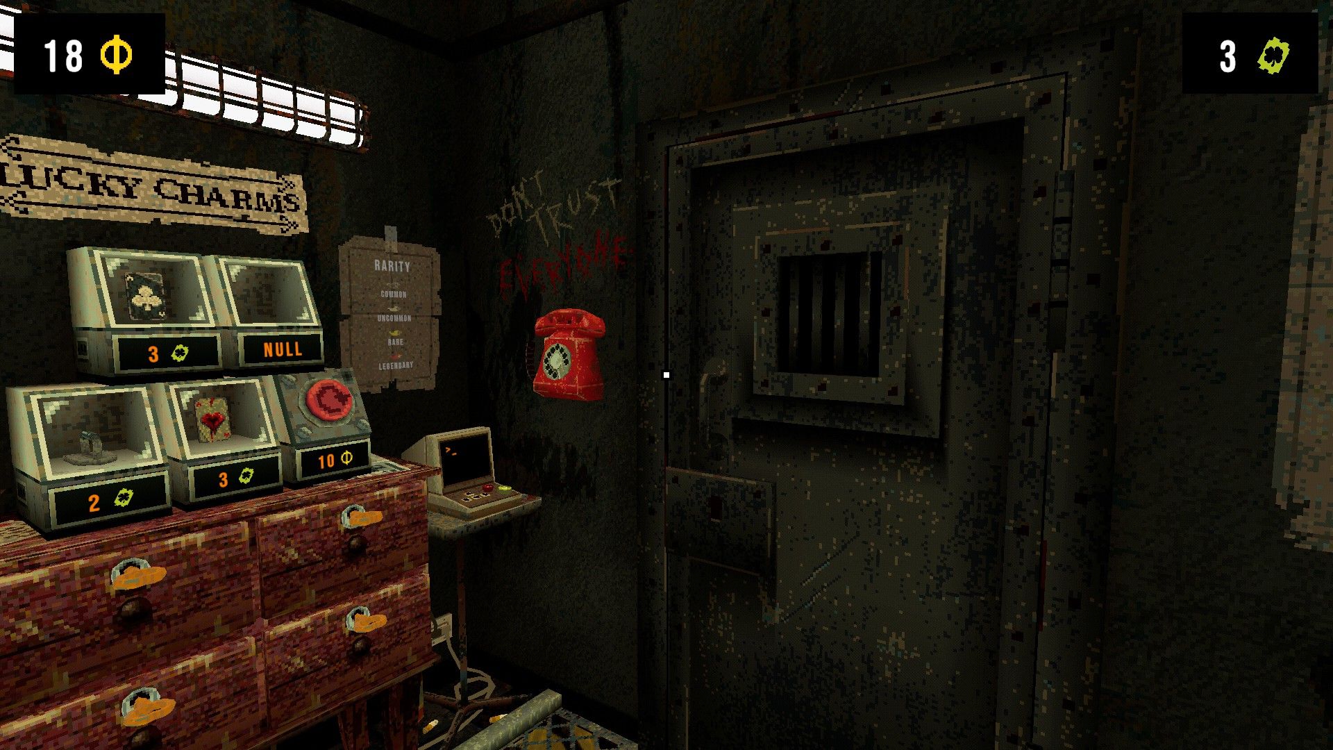 Screenshot of the cell the player sits in during “Cloverpit”. 