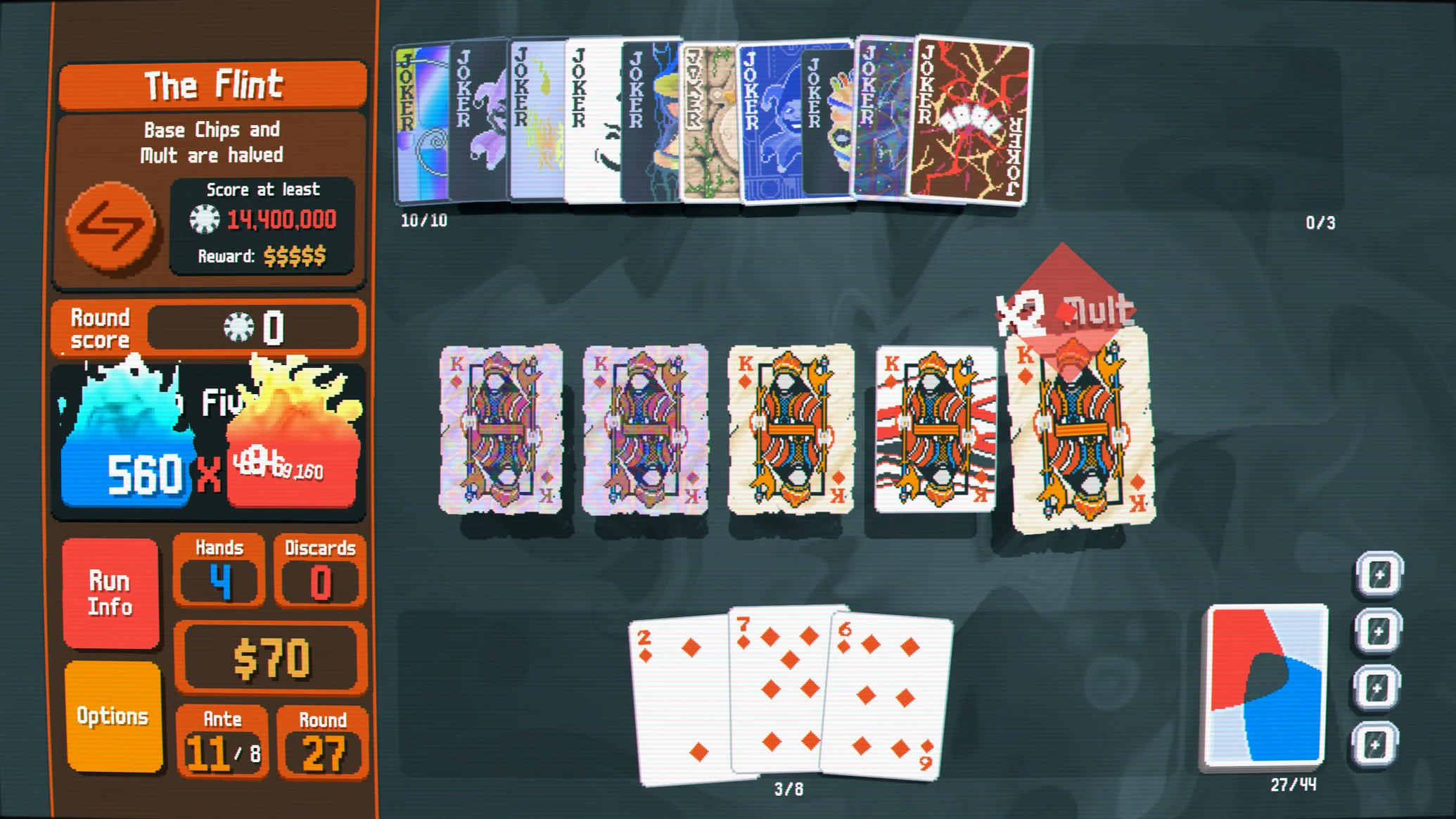 Screenshot of a “Balatro” game that appears to be going very well. 