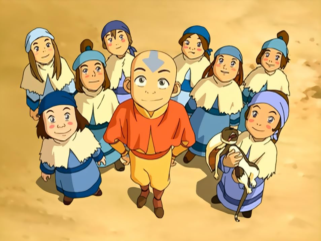 Aang, his lemur Momo, and some fangirls