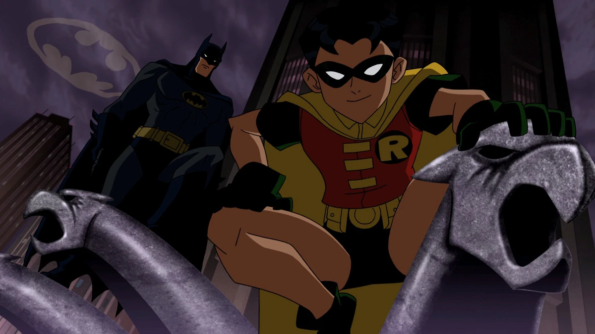 Batman and Robin perch on gargoyles. Vietti, Brandon, dir. Batman: Under the Red Hood. DC Entertainment; Warner Bros. Animation; Warner Premiere, 2010.