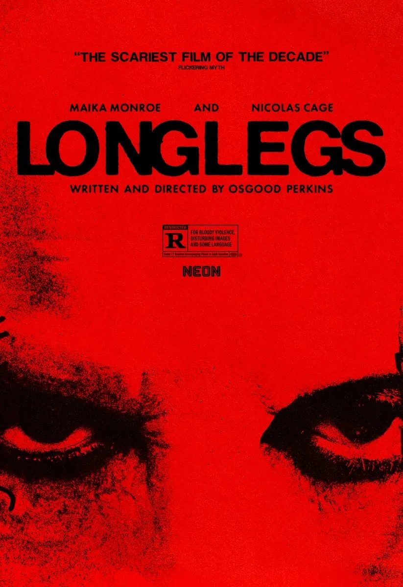 A teaser poster for Longlegs, containing only a close-up of Longlegs' eyes, looking at the viewer.