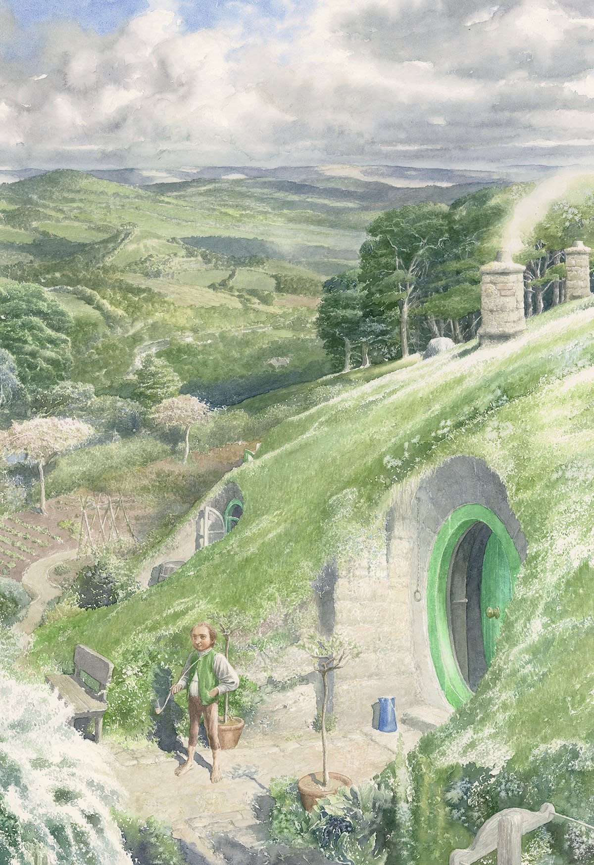 Art by Alan Lee depicting Bilbo smoking in front of his hobbit-hole