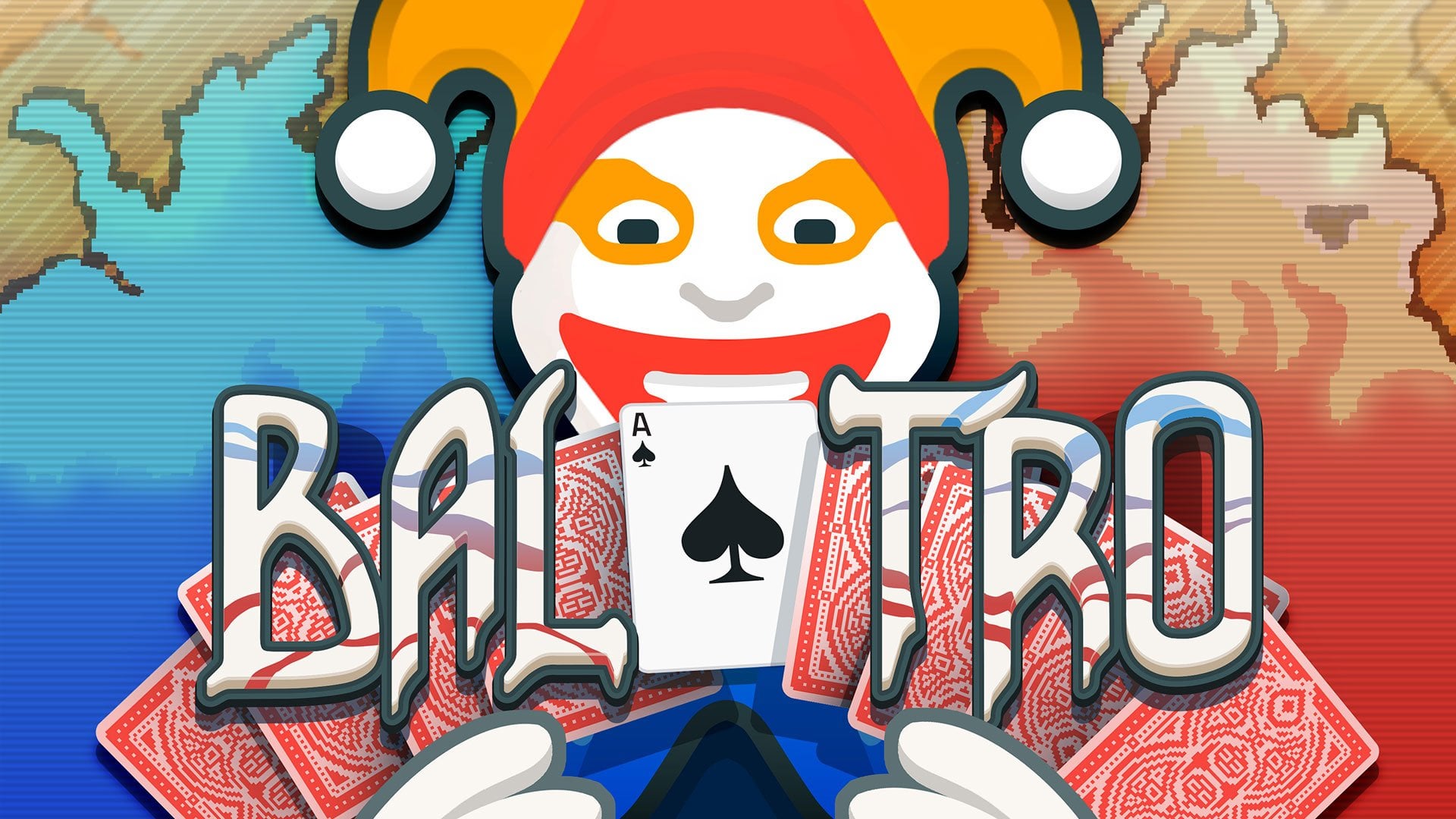 Promotional image of the central “Balatro” Joker mascot as he holds a stack of cards. 