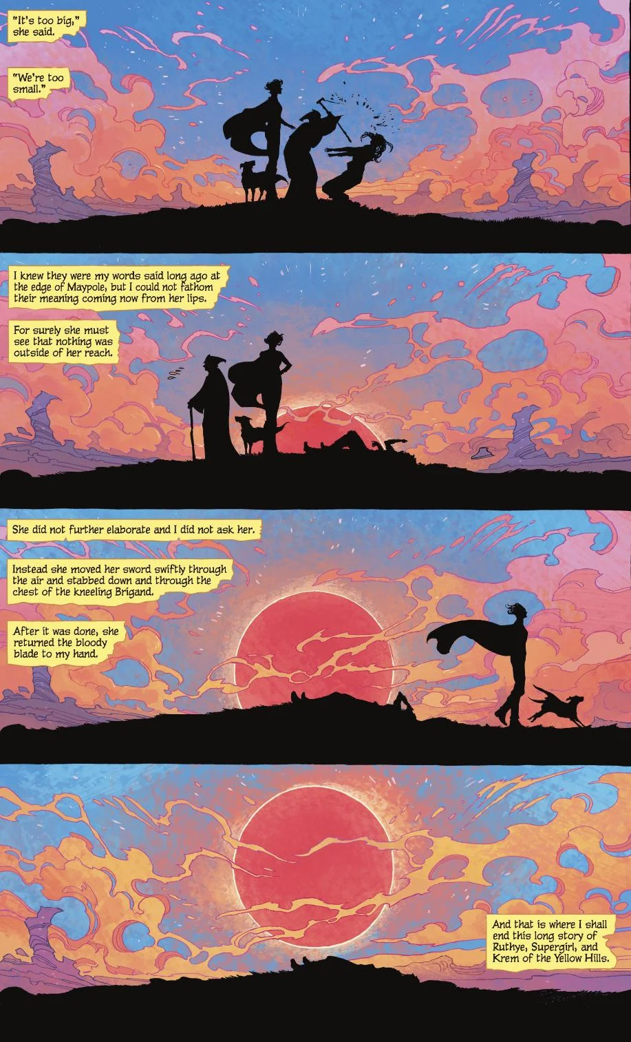 The end pages of Supergirl: Woman of Tomorrow showing Krem get hit. King, Tom. Supergirl: Woman of Tomorrow. DC comics, 2021-2022.