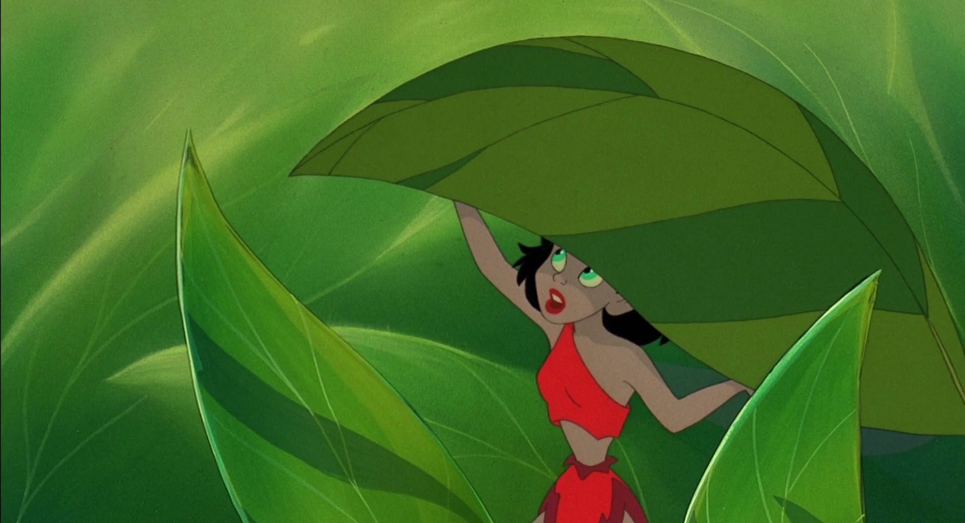 Crysta under a leaf Kroyer, Bill, director. 'Ferngully: the Last Rainforest'. Twentieth Century Fox, 1992.