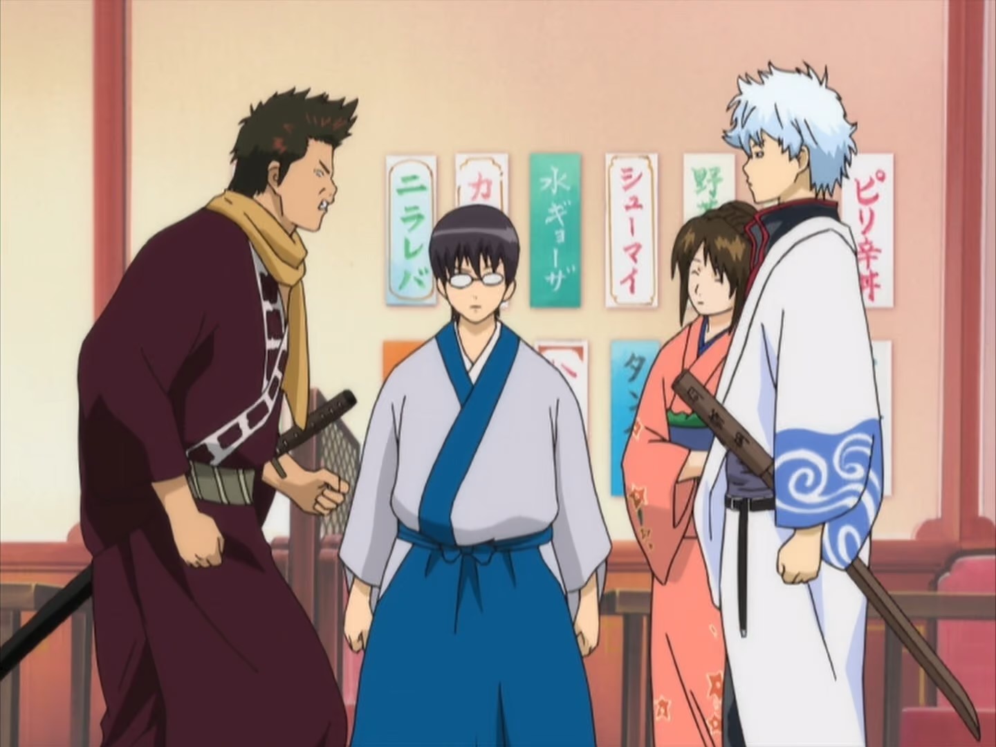 Kondo confronts Gintoki at a restaurant.