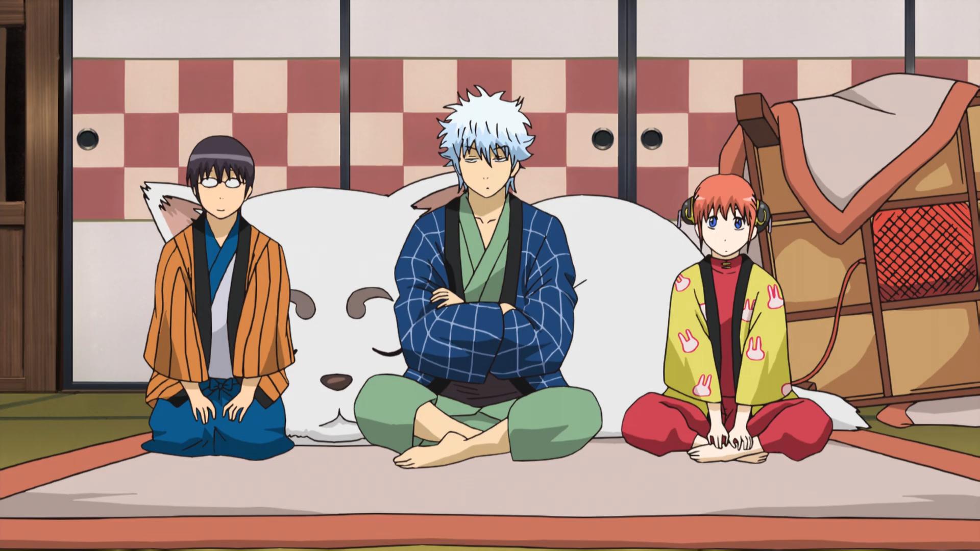 Gintoki with the other two members of his odd jobs gig.