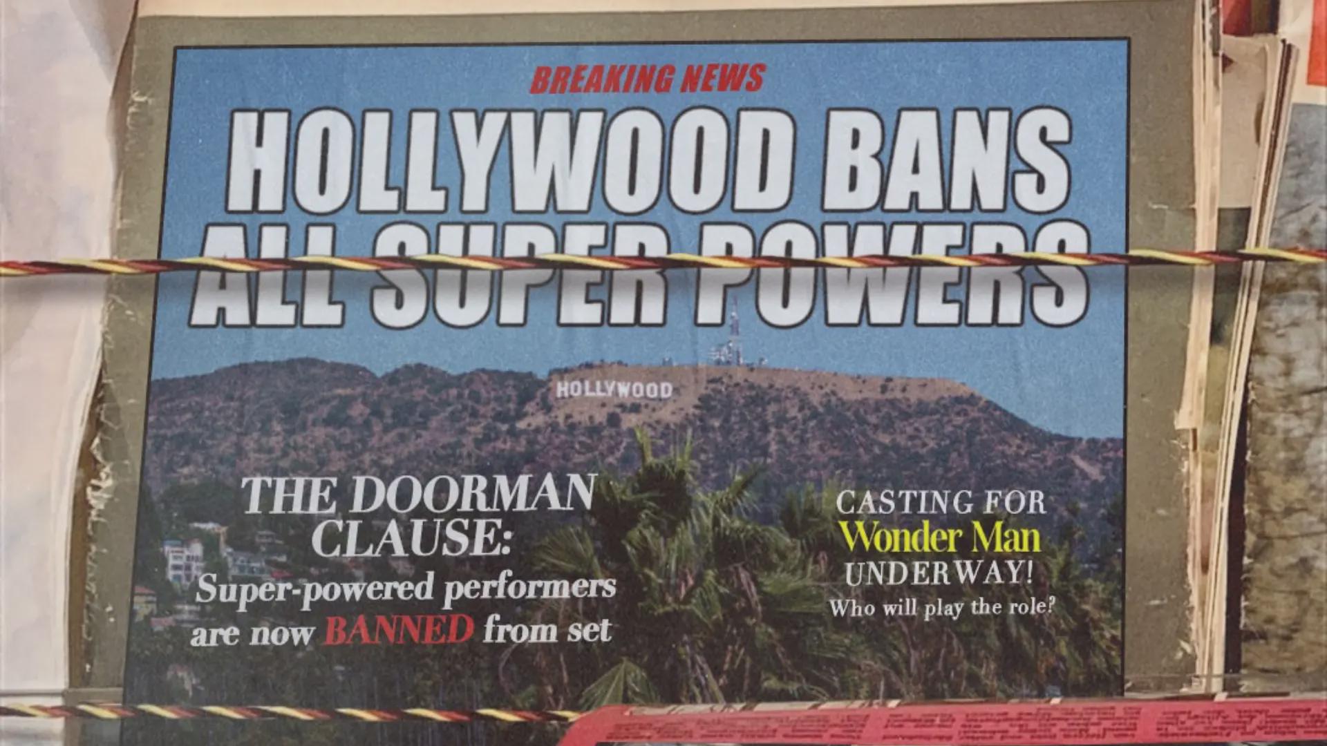 A newspaper reveals that the new Hollywood "Doorman Clause" has banned super-powered performers from film sets. @marvelstudios. "Hollywood bans all super-powered individuals..." Instagram, 2 Jan 2026.