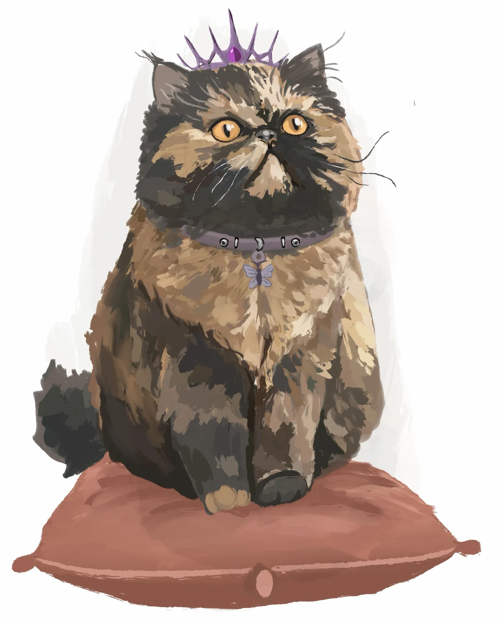 A tortoiseshell cat wearing a tiara sits on a cushion. "Princess Donut." Dungeon Crawler Carl wiki. 24 October 2025.