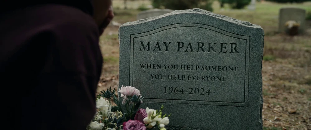 Aunt May's gravestone. Cretton, Destin Daniel. Spider-man: Brand New Day. Columbia Pictures; Marvel Studios; Pascal Pictures, 2026.