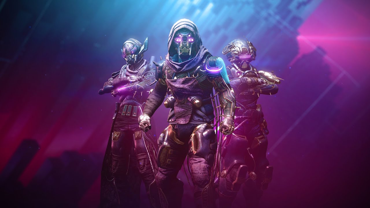 Promotional artwork for Destiny 2 featuring three Guardians clad in retro-futuristic armor against a neon background.