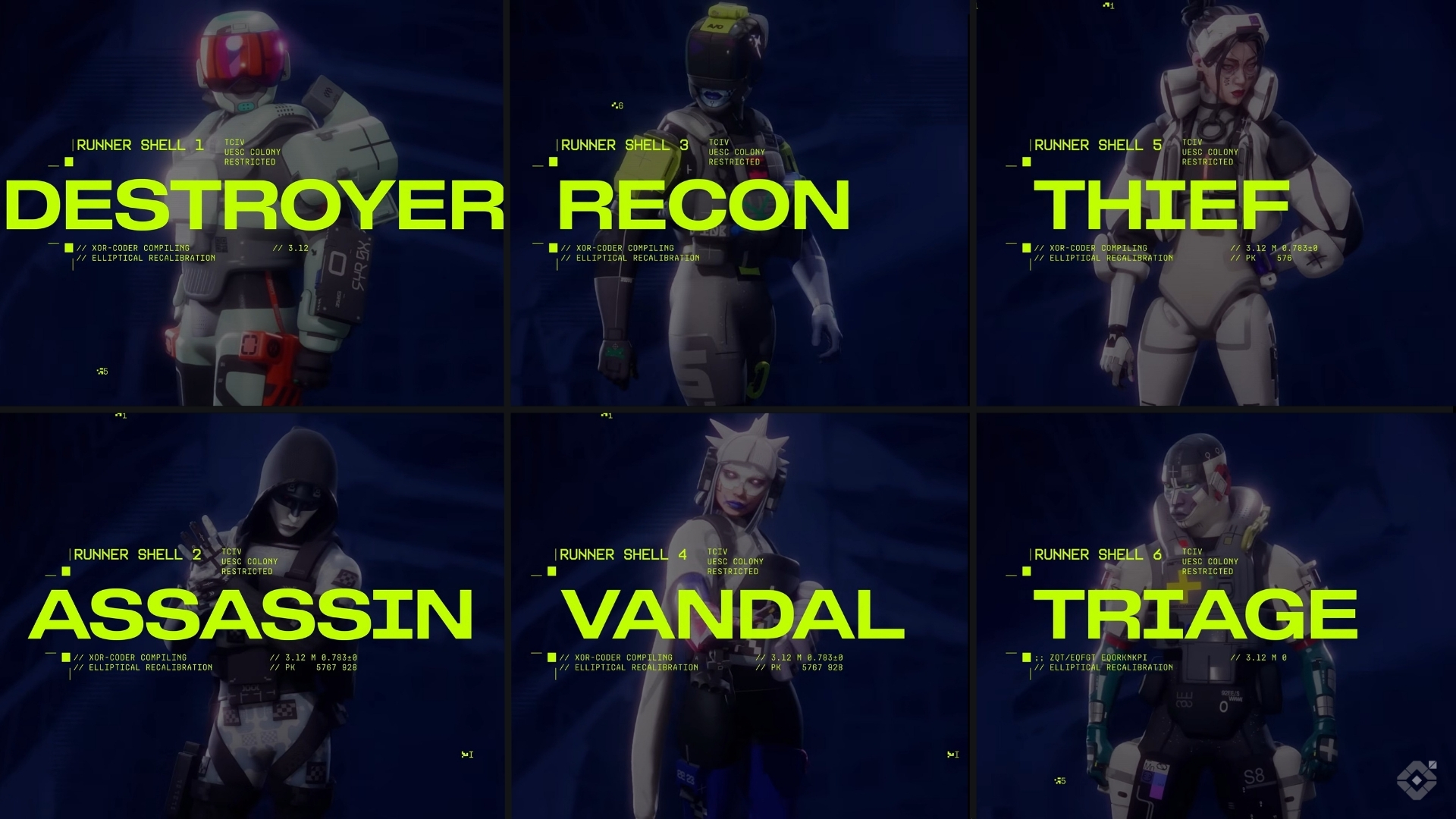 A grid showcasing six character shell archetypes from Bungie's game, Marathon.