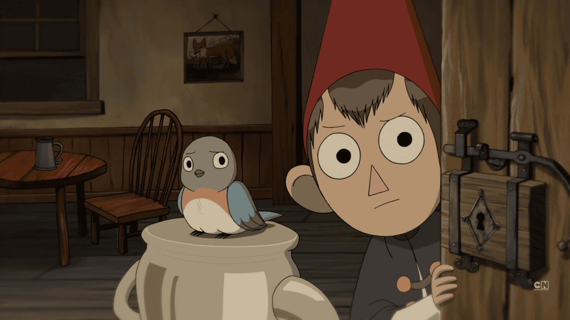 Beatrice and Wirt looking out a door quizzically.