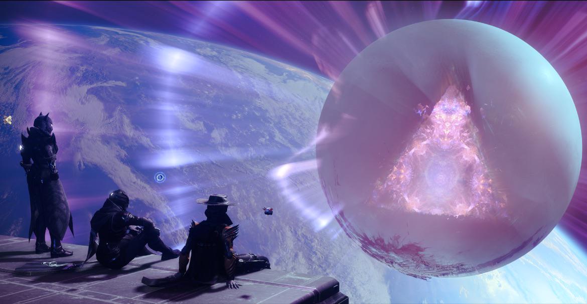 A Destiny 2 screenshot featuring three Guardians perched on a high platform in space, gazing out at Earth and the Traveler.