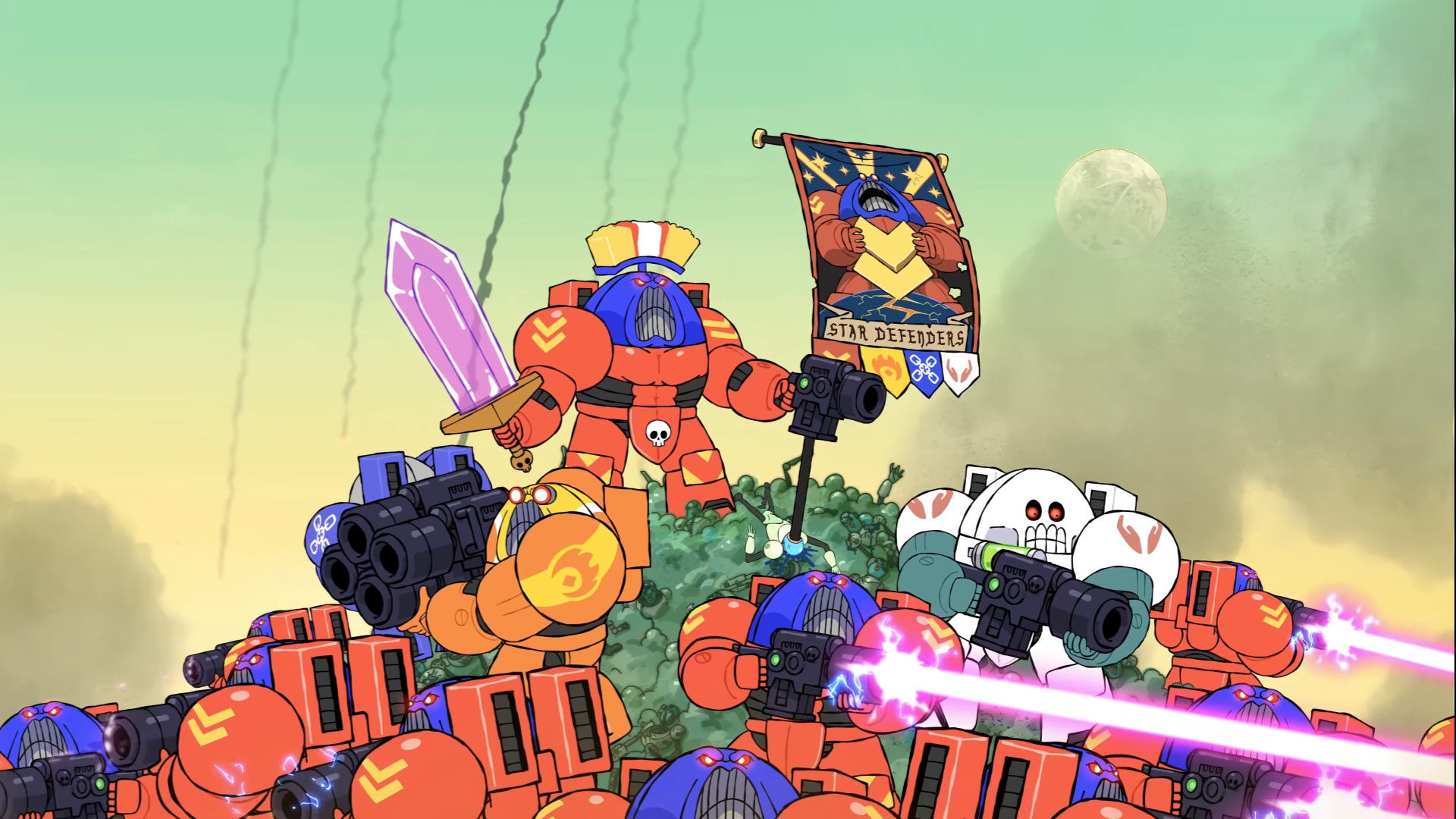 Captain holds his legion's banner as his squad and entire legion are in active combat. They stand on a mound of corpses.