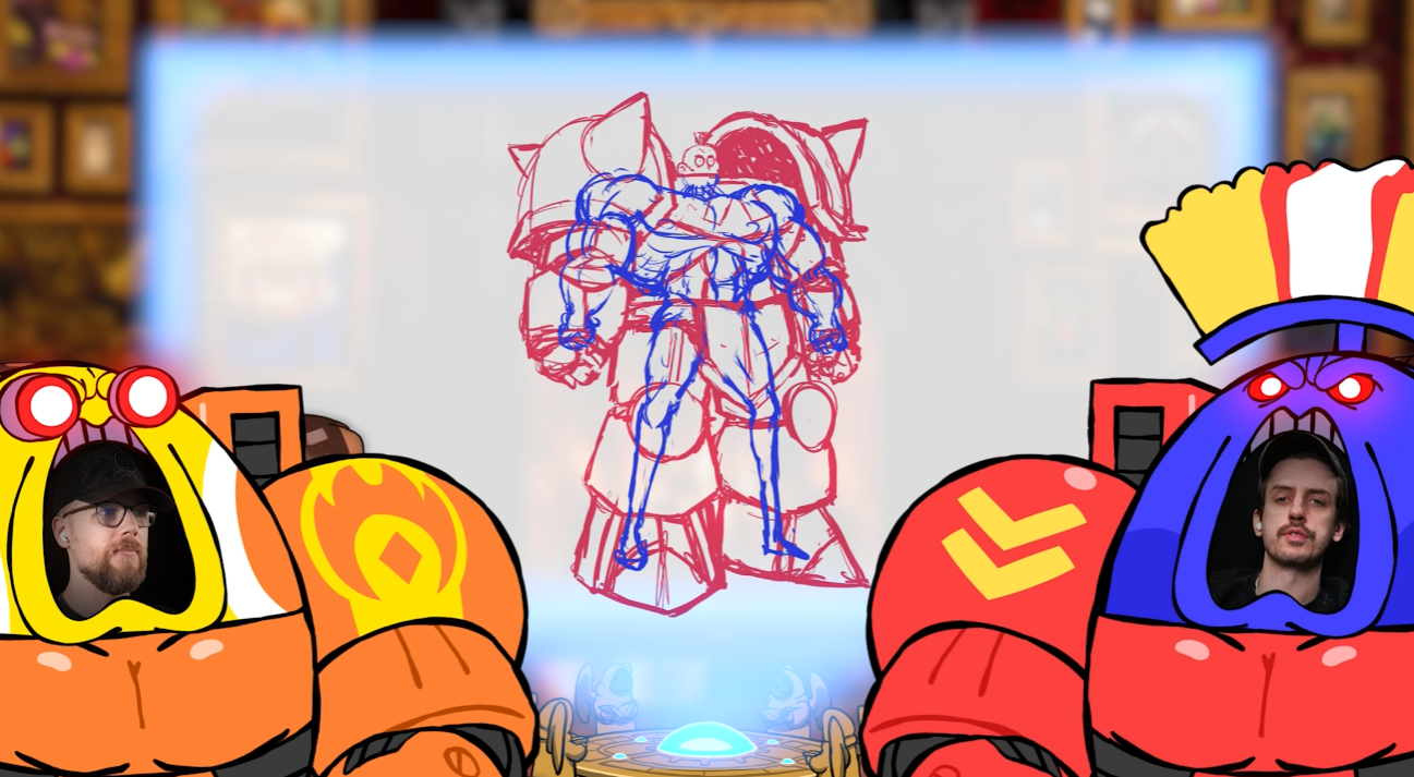 Tom (left) who voices Bryce and Don who voices Captain (right) wear their character's armor as they discuss the concept art and early iteration of the characters.
