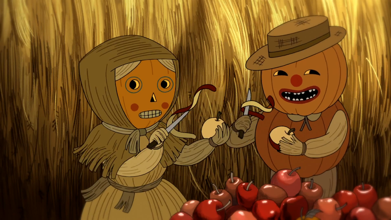 Autumn pumpkin people peeling apples in Over the Garden Wall.