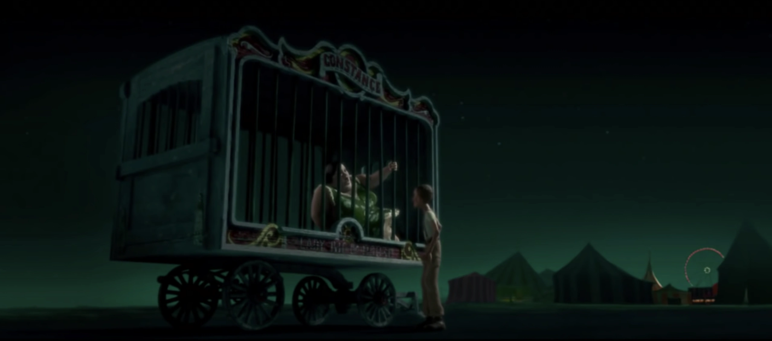 Horace talking to Constance locked in a cage. Kenan, Gil. Monster House. Columbia Pictures, 2006.