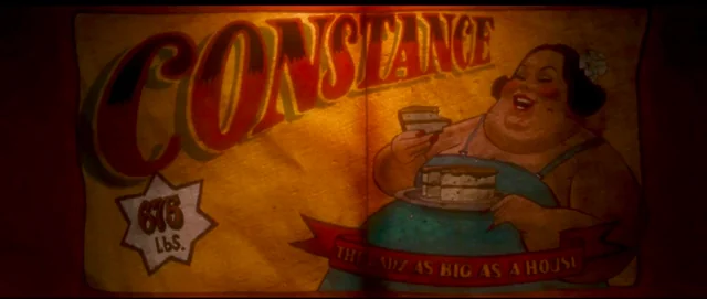 Circus posting saying, "Constance-the lady as big as a house." Kenan, Gil. Monster House. Columbia Pictures, 2006.