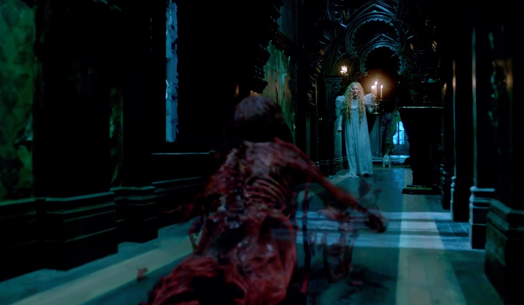 The bathtub ghost chases Edith down the hallway.