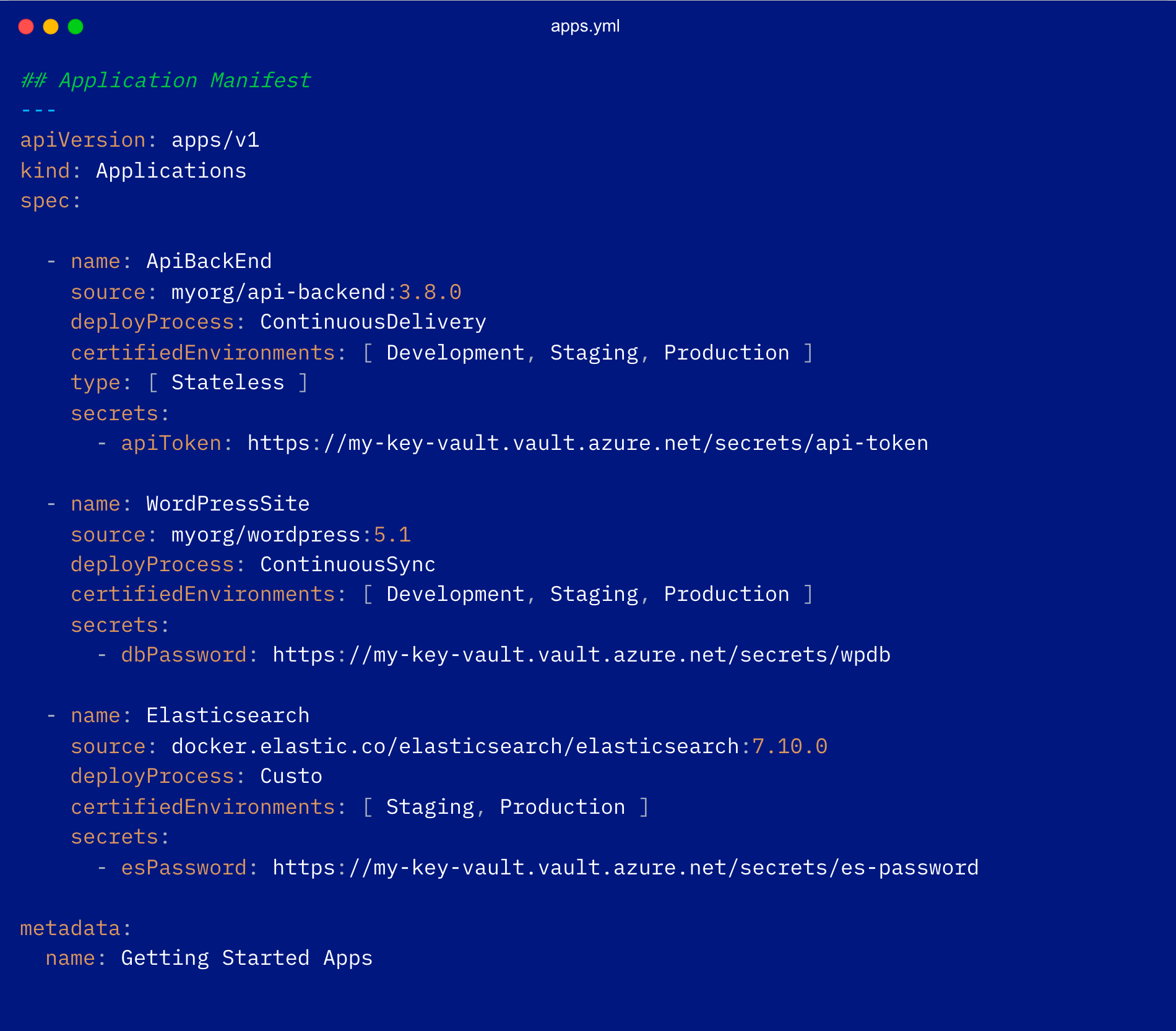 When executed, this will create the four applications outlined in the YAML file. This demonstrates how, by leveraging YAML in both the logical and physical perspectives, your strategy can be automatically implemented with code. [apps.yml]