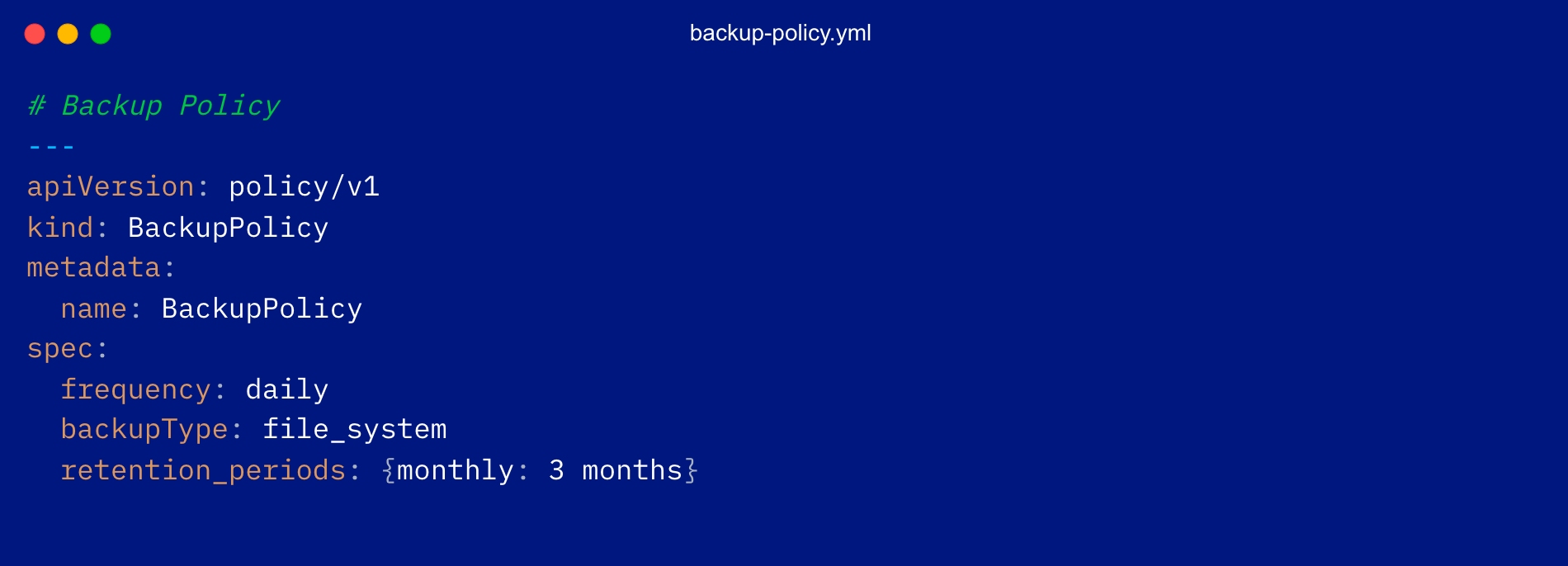 Example of YAML standard for defining backup policies, part of Pipeline-as-Code approach.