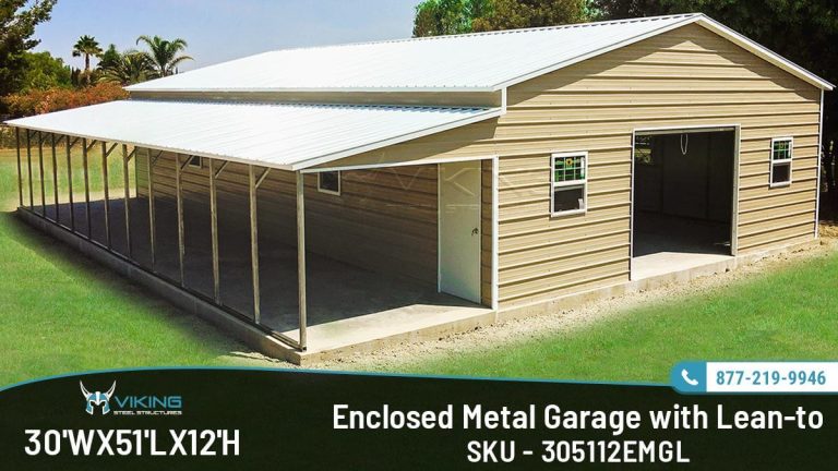 30x51x12 Enclosed Garage with Lean-to