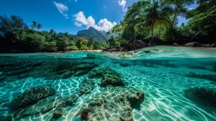 seychelles landscape with half underwater and half outside